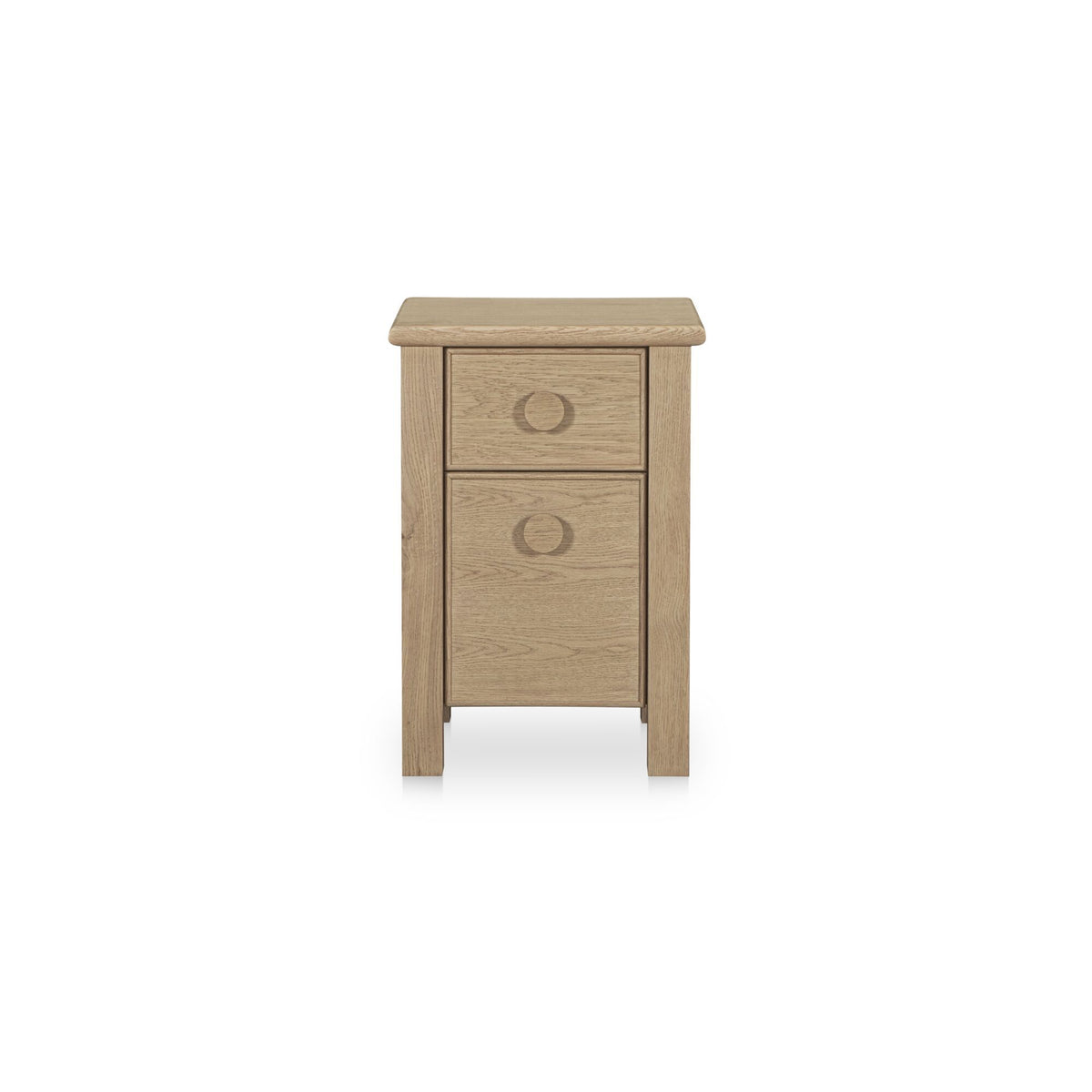 Natural wood small nightstand with two drawers and circular pulls.