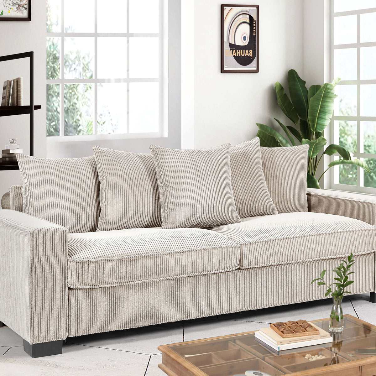 Luxe Corduroy Sofa With 5 Matching Toss Pillows, Sleek Design, Spacious And Comfortable 3 Seater Couch