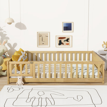 Full Size Floor Bed with Fence and Door, Rubber Wood Floor Bed with Safety Guardrails, Natural