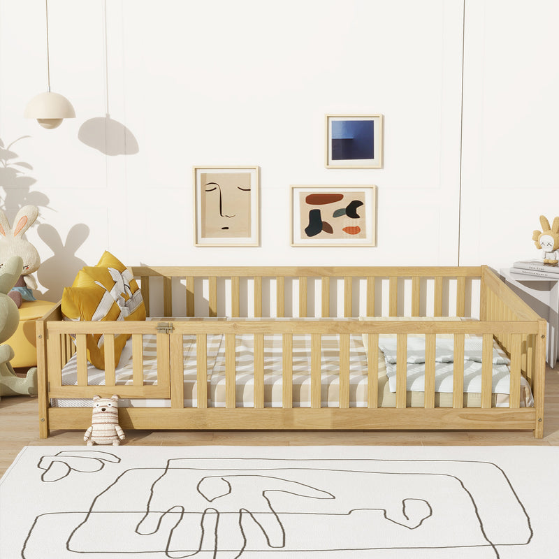 Full Size Floor Bed with Fence and Door, Rubber Wood Floor Bed with Safety Guardrails, Natural
