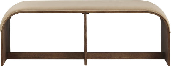 Light beige velvet upholstered bench with curved arms and matching dark wood frame