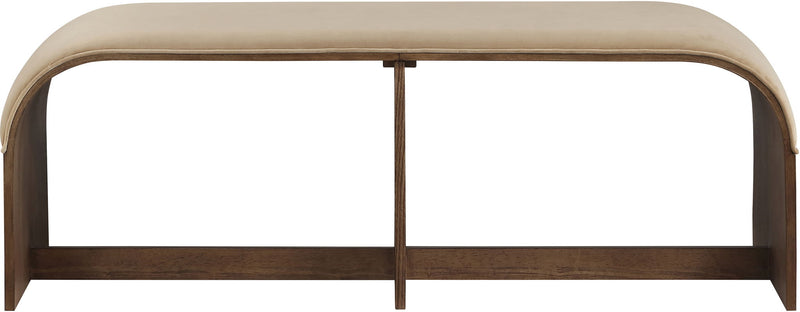 Light beige velvet upholstered bench with curved arms and matching dark wood frame