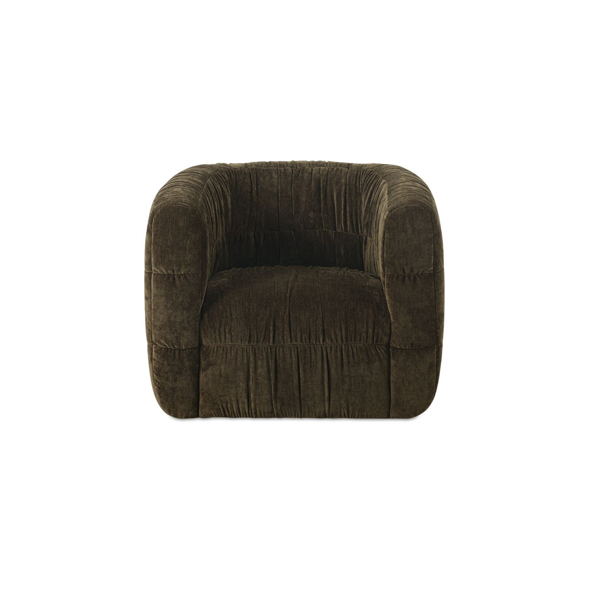 Dark green swivel chair with cushioned seat, rounded arms, and back
