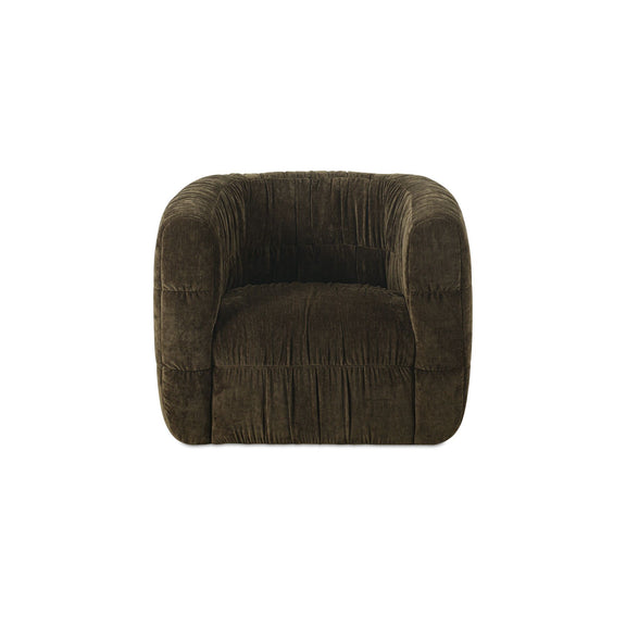 Dark green swivel chair with cushioned seat, rounded arms, and back