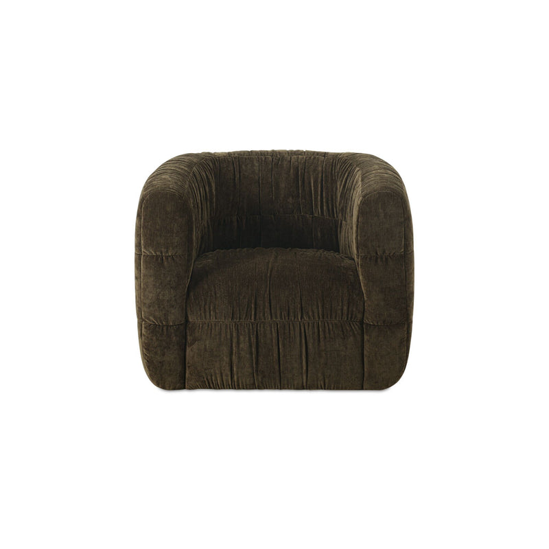 Dark green swivel chair with cushioned seat, rounded arms, and back