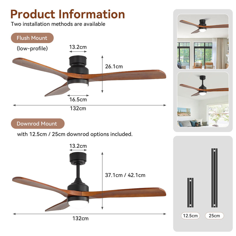 52" Ceiling Fan With Dimmable LED Light, 6 Speed DC Motor, 3 Blades