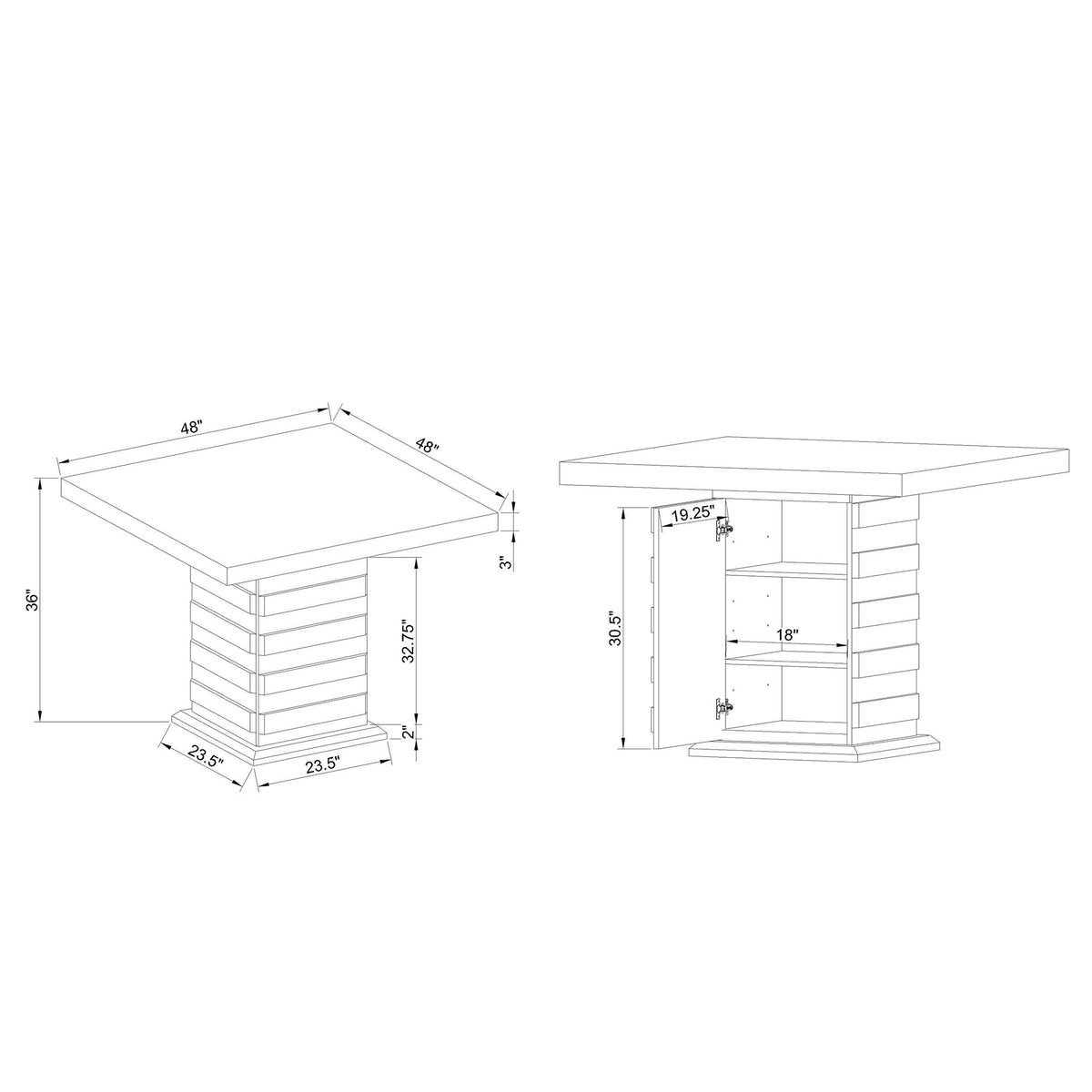 Donna white bar table technical line drawing with measurements