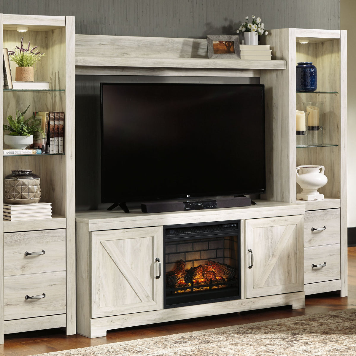 Bellaby - Whitewash - Entertainment Center - TV Stand With Faux Firebrick Fireplace Insert