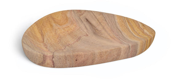 Sandstone bowl with oval shape and natural tan and brown veining.