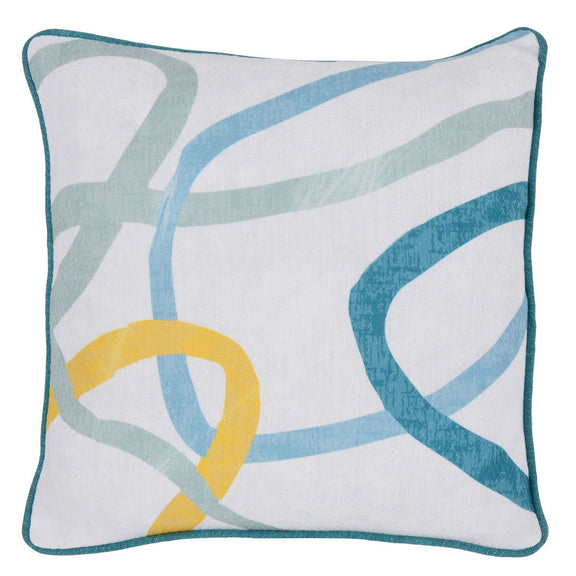 Square throw pillow with white base and abstract blue, teal curves, plus yellow accents.