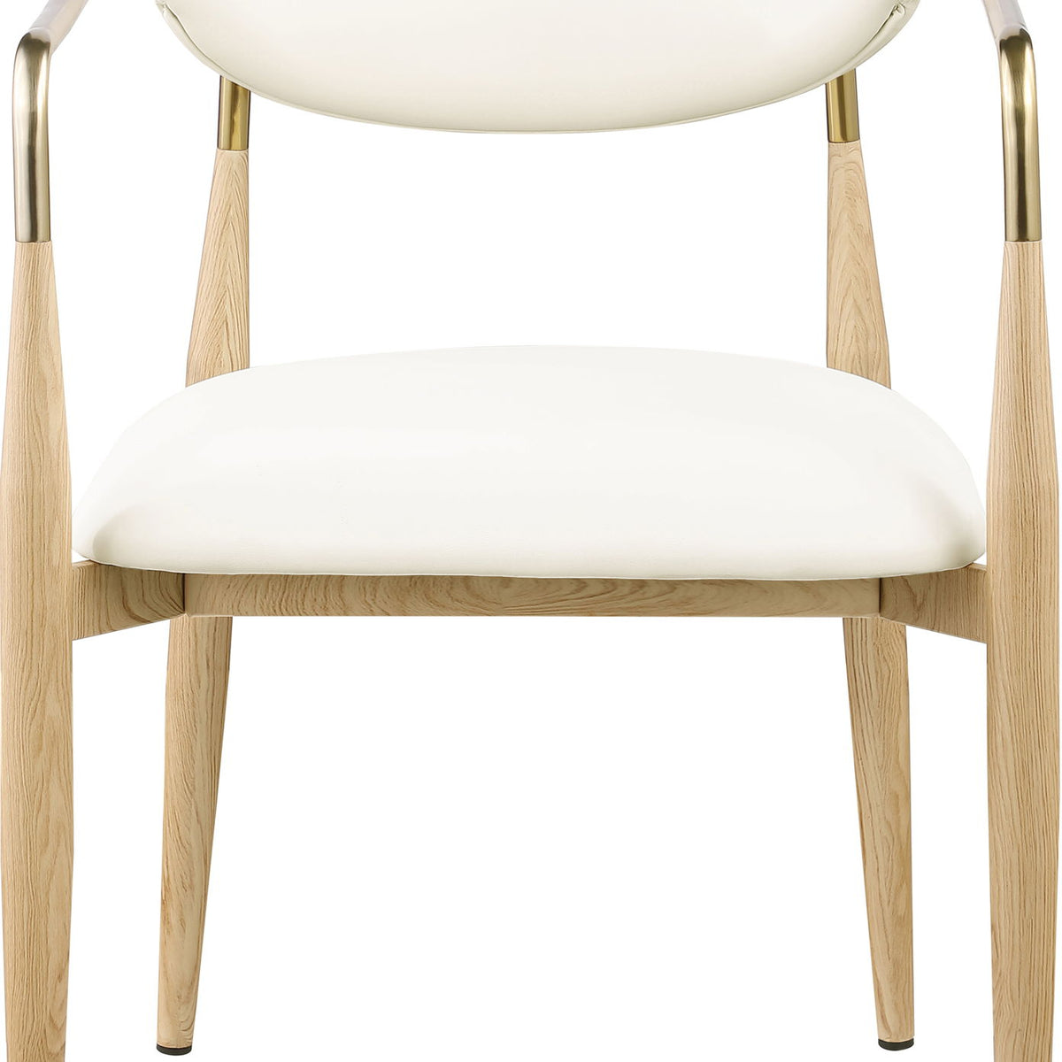Vegan leather dining arm chair with white seat and rounded back, curved gold-tone arms, wood legs