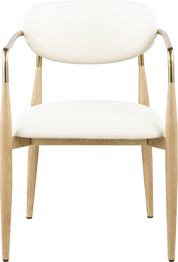 Vegan leather dining arm chair with white seat and rounded back, curved gold-tone arms, wood legs