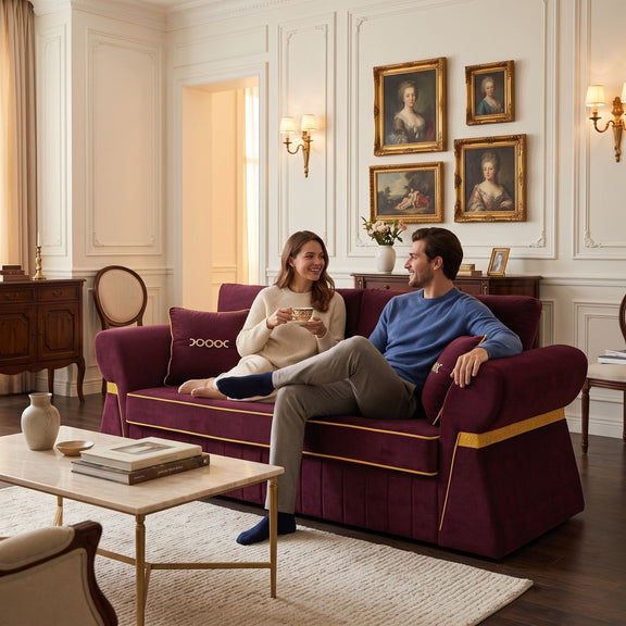 Three-seat burgundy sofa with gold piping and accent pillows