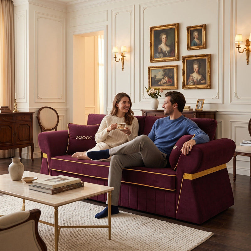 Three-seat burgundy sofa with gold piping and accent pillows