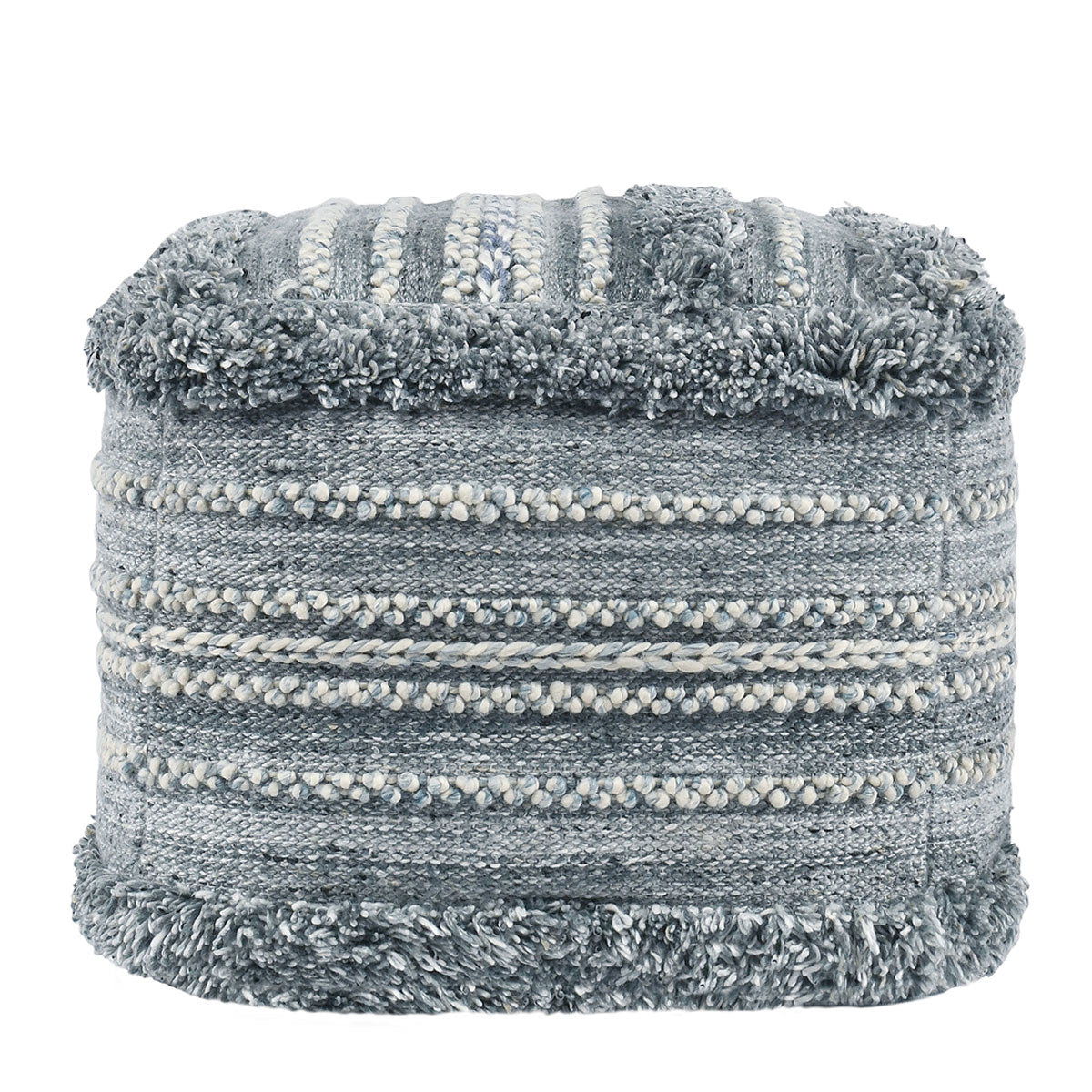 Blue and cream striped woven pouf ottoman with fringed, tufted edges