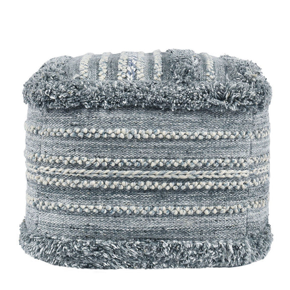 Blue and cream striped woven pouf ottoman with fringed, tufted edges