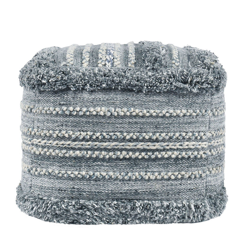 Blue and cream striped woven pouf ottoman with fringed, tufted edges