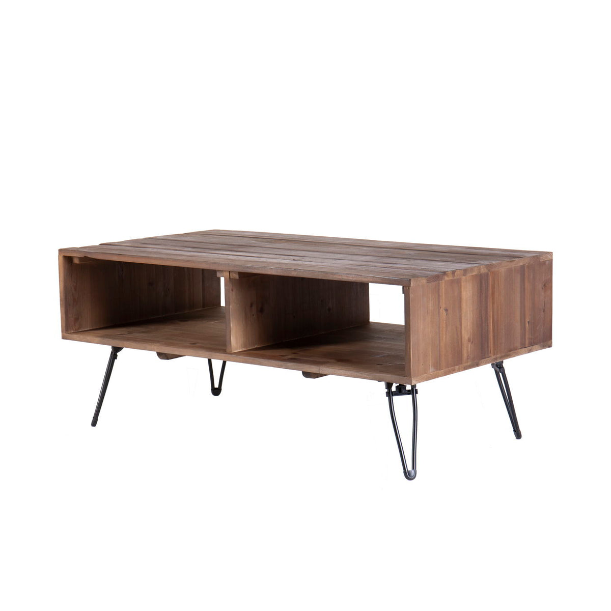 Reclaimed Wood Cocktail Table With Open Storage For Living Room, Metal Legs, Foldable - Black / Natural