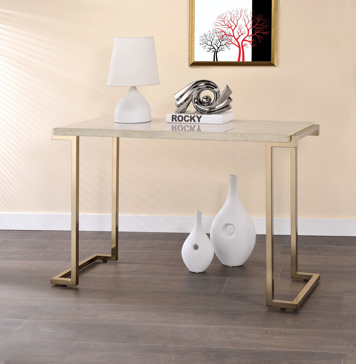 Boice II - Faux Marble Top Sofa Table - White / Champagne