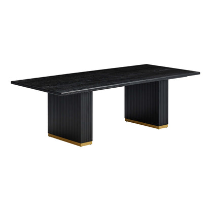 Rectangular dining table with dark wood top and ribbed black sides, gold base