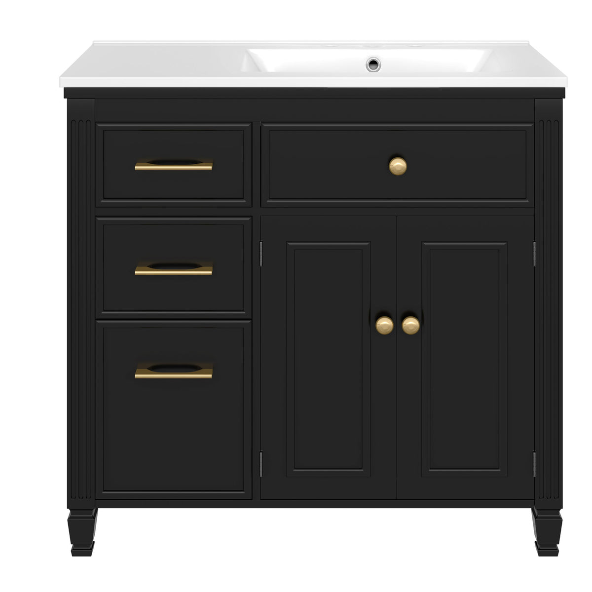 Black bathroom vanity with sink, 3 drawers, 2 cabinet doors, gold bar pulls