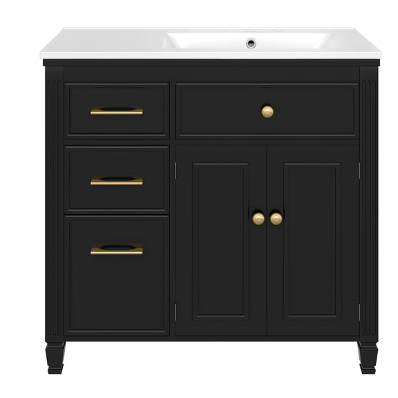 Black bathroom vanity with sink, 3 drawers, 2 cabinet doors, gold bar pulls