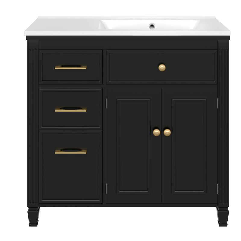 Black bathroom vanity with sink, 3 drawers, 2 cabinet doors, gold bar pulls
