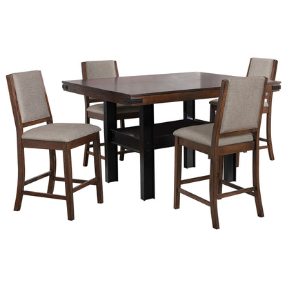 Counter-height dining set with dark brown table and four beige upholstered stools