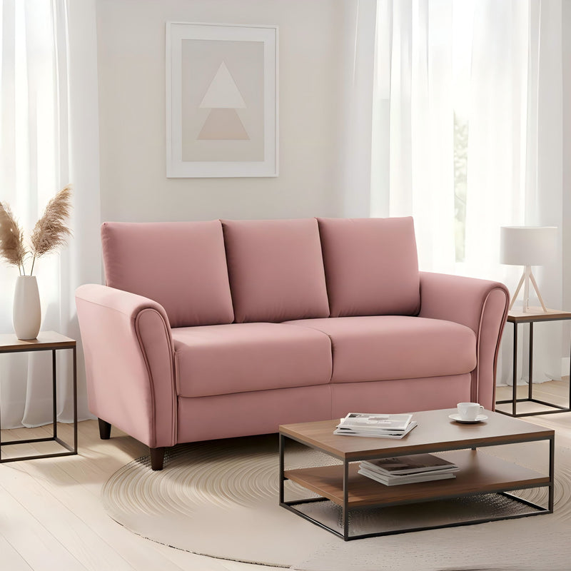 Pink 2-piece sofa set with loveseat and sofa, padded arms, thick seat cushions