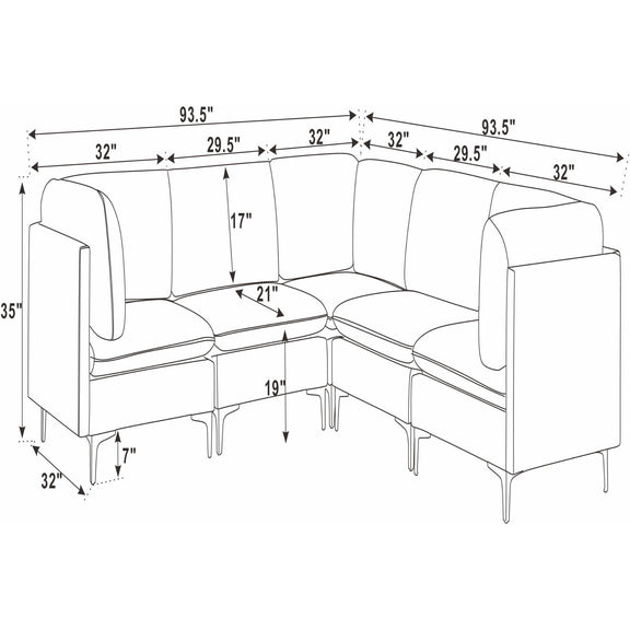Modular sectional sofa line drawing with dimension measurements and tall legs