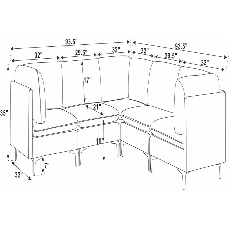 Modular sectional sofa line drawing with dimension measurements and tall legs