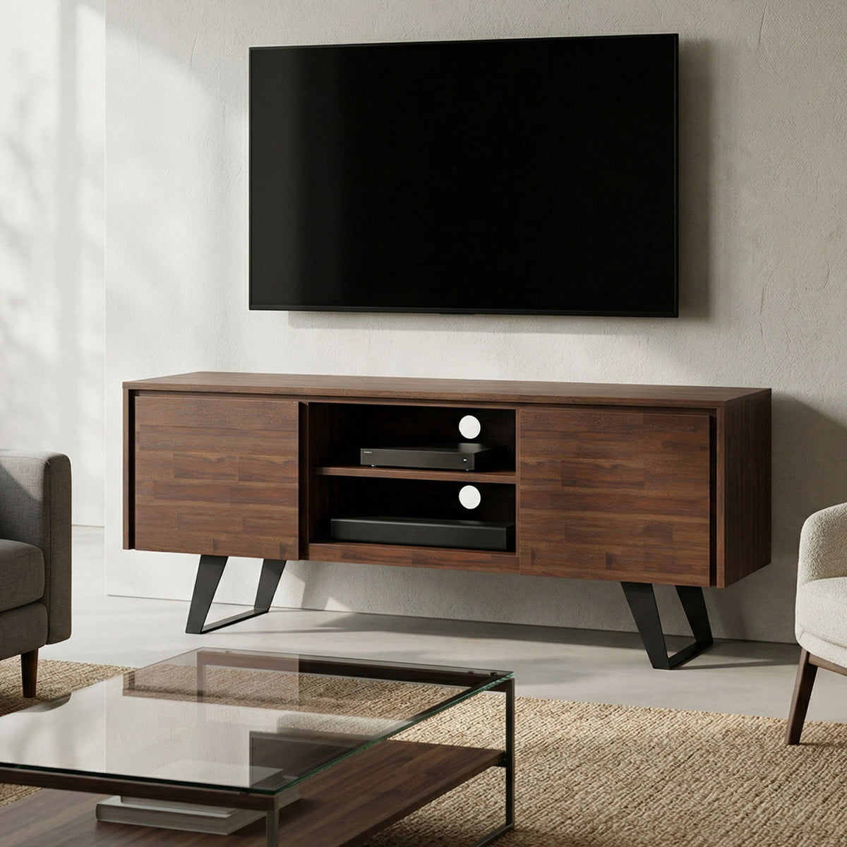 Distressed charcoal brown TV media stand with two cabinet doors and open shelf
