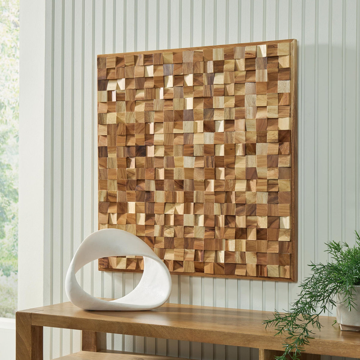 Brown wooden cube wall decor panel mounted on wall with 3D block pattern