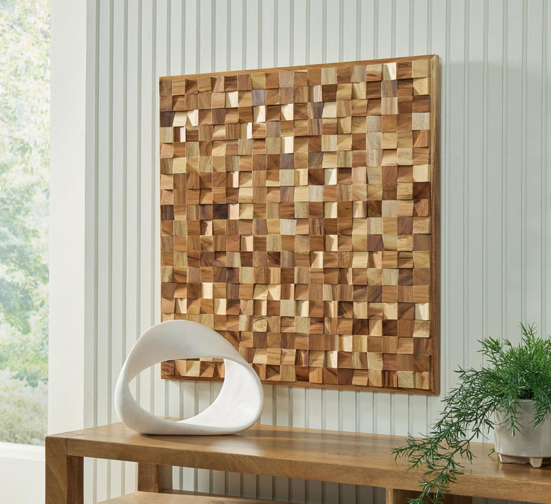 Brown wooden cube wall decor panel mounted on wall with 3D block pattern