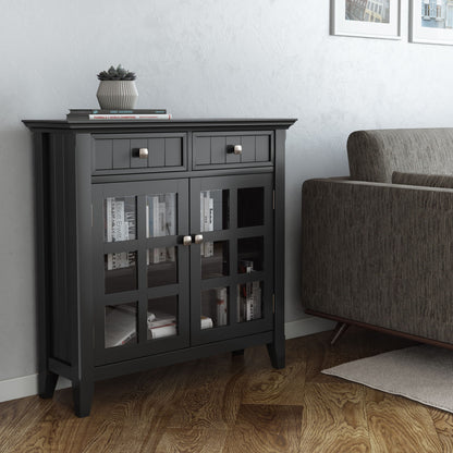 Dark gray entryway storage cabinet with glass doors and drawer storage
