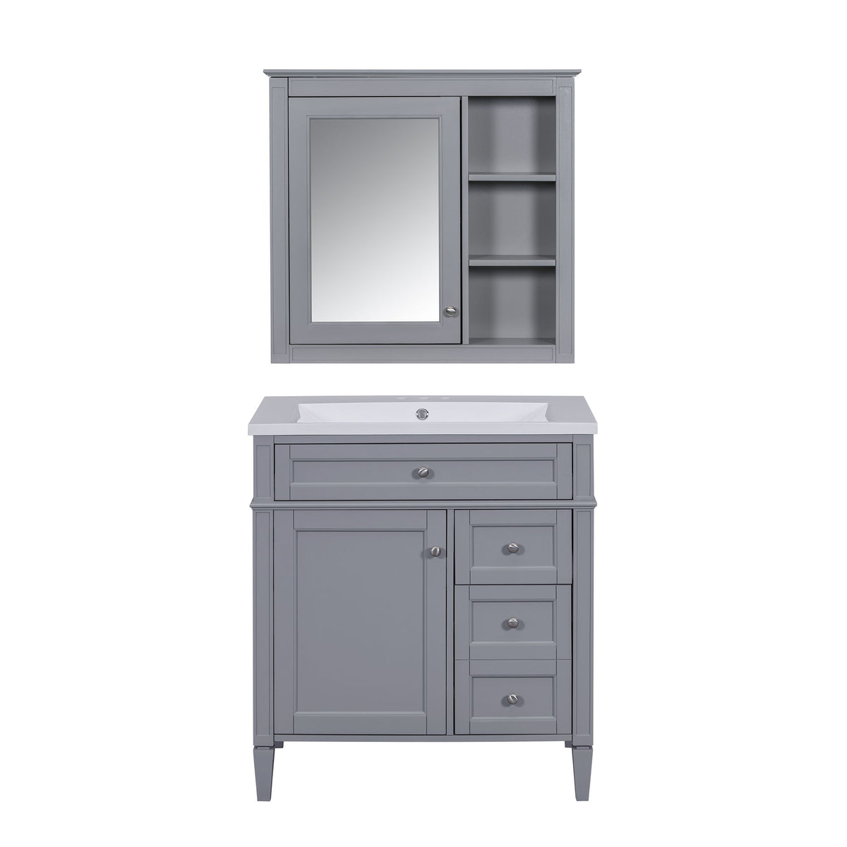 Bathroom Vanity With Top Sink, 2 Doors And 3 Drawers, Freestanding Set With Mirror Cabinet
