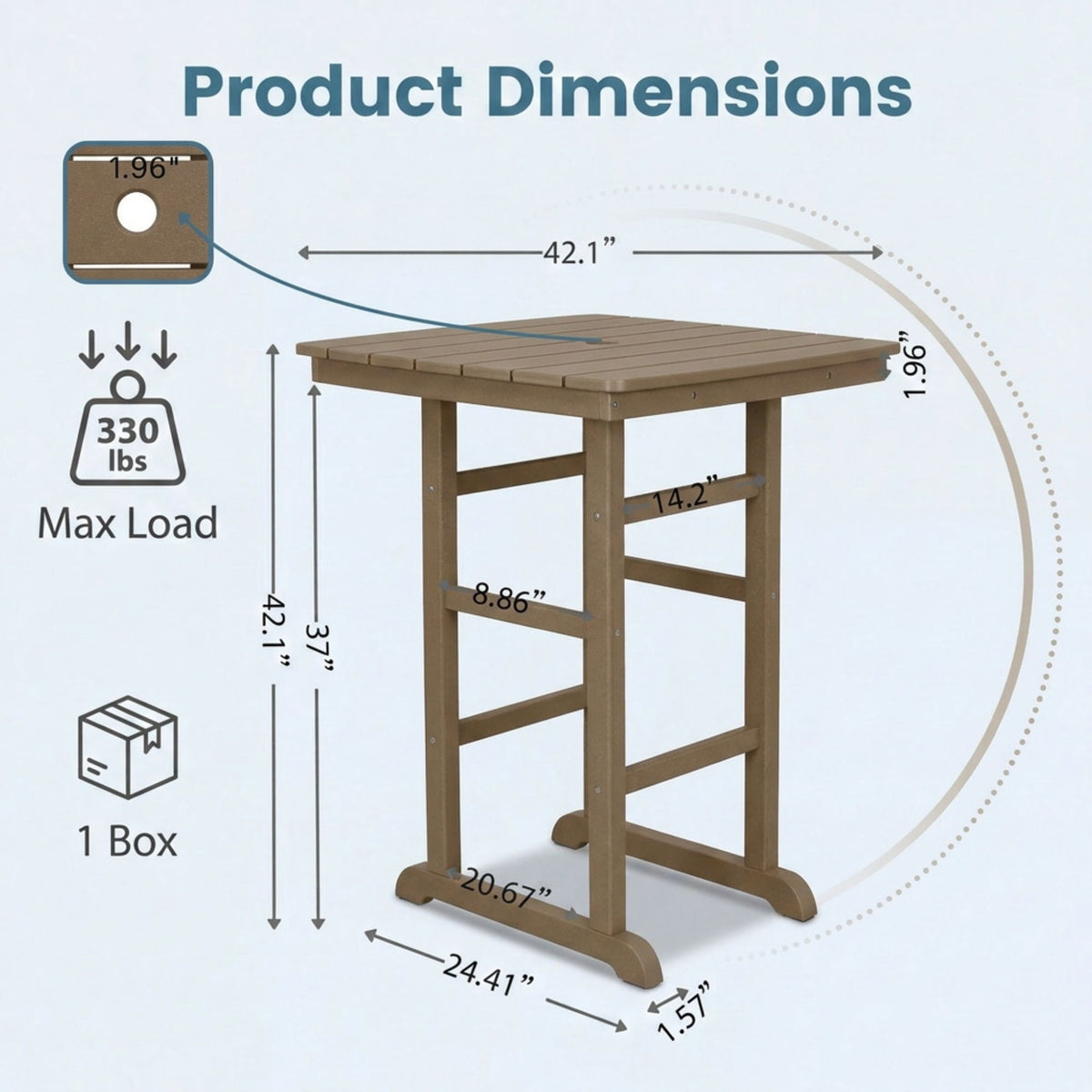 Light brown bar-height patio table with square top and four-post base, dimensions
