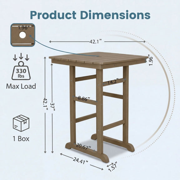 Light brown bar-height patio table with square top and four-post base, dimensions