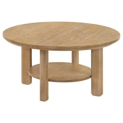 Light wood round table with lower shelf, sturdy posts, circular tabletop