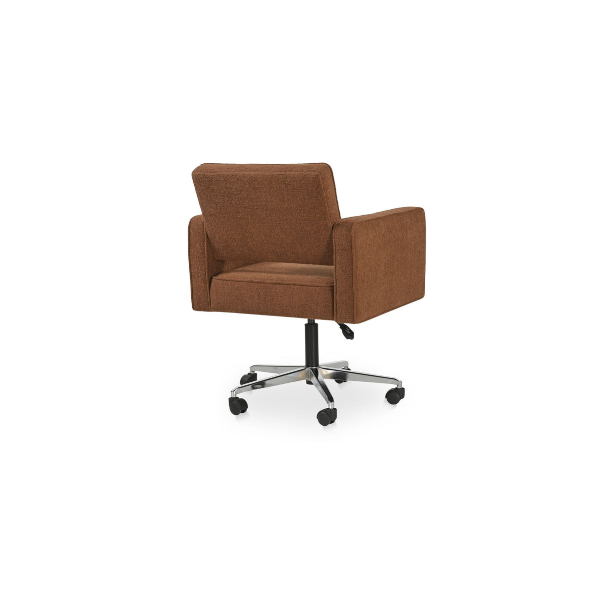 Harris office chair with dark brown tall back, side arms, and caster wheel swivel base