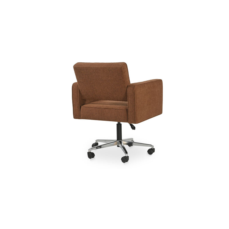 Harris office chair with dark brown tall back, side arms, and caster wheel swivel base