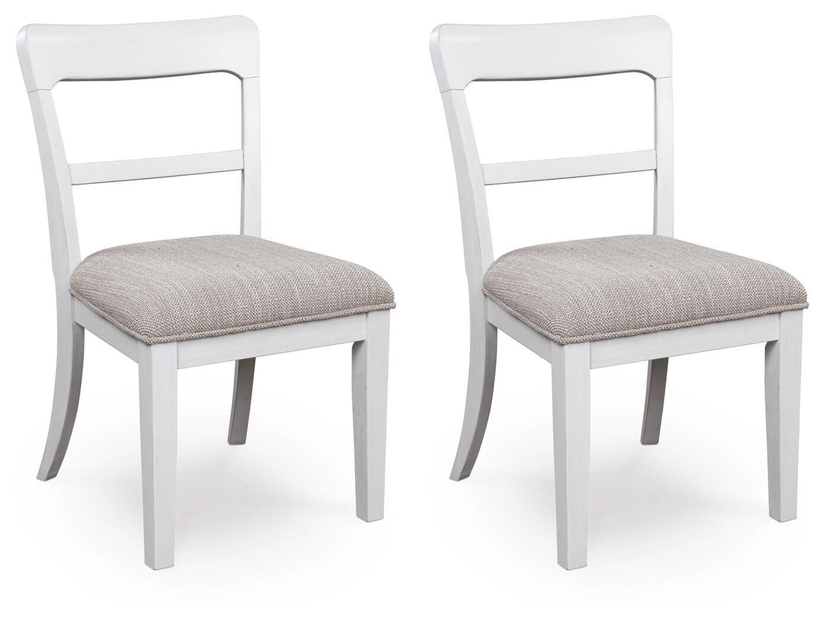 Set of 2 white upholstered dining side chairs with light gray fabric seats