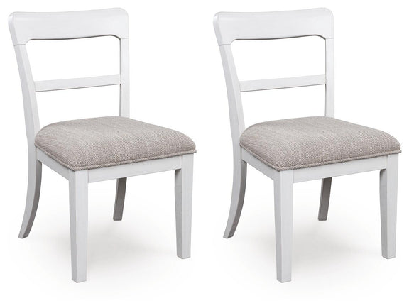 Set of 2 white upholstered dining side chairs with light gray fabric seats