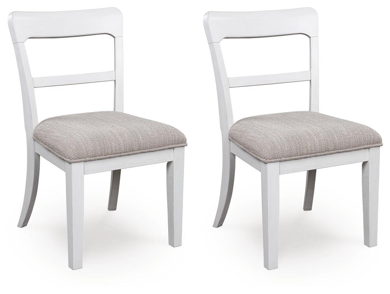 Set of 2 white upholstered dining side chairs with light gray fabric seats