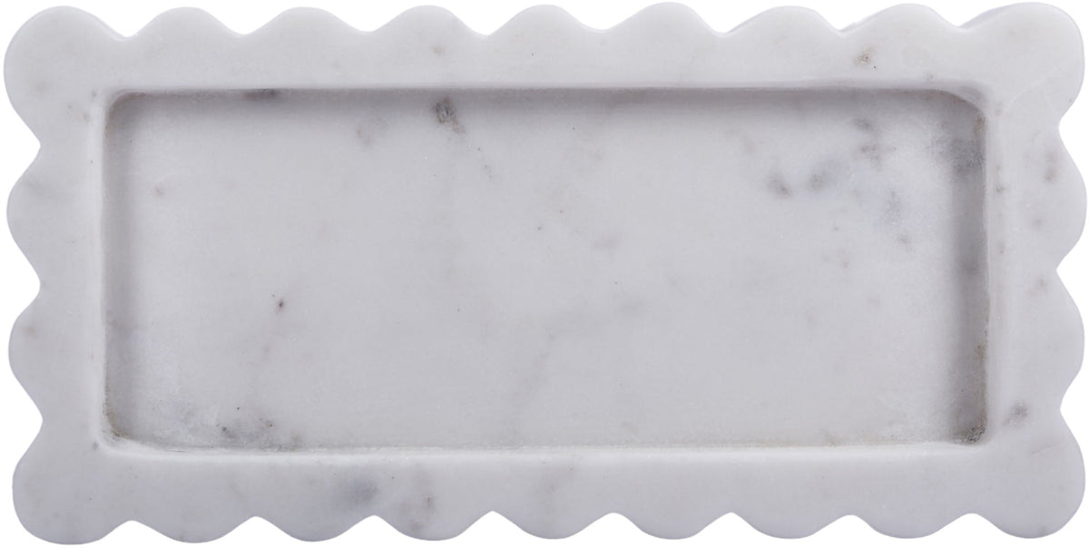 White genuine marble tray with scalloped edges and rectangular recessed center.