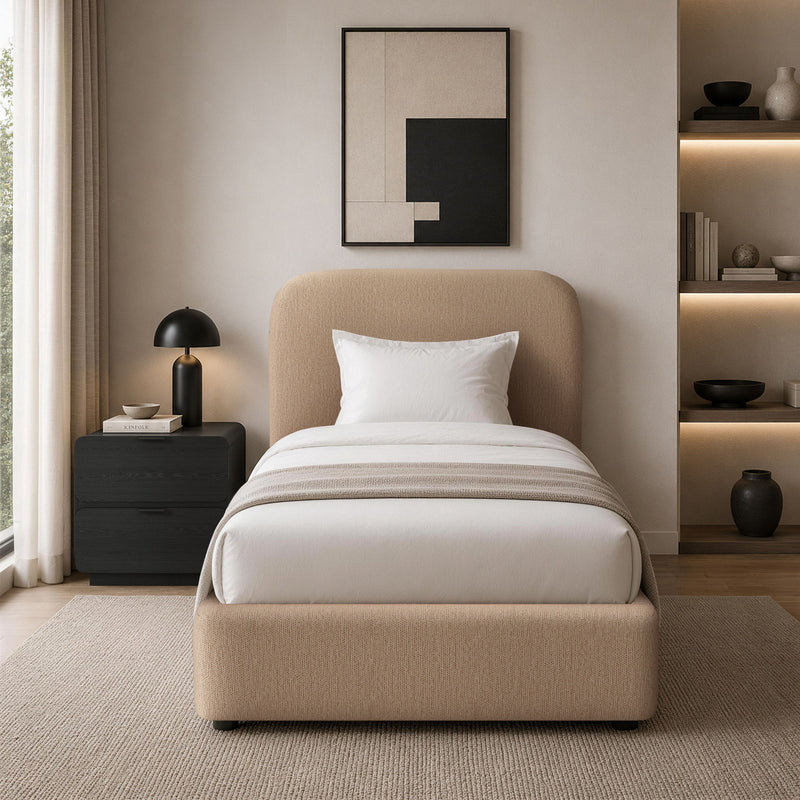 Light brown upholstered bed with rounded headboard and white bedding in a staged setting