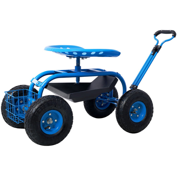 Blue garden scooter cart with 360 swivel seat, black tool tray, and front wheel basket