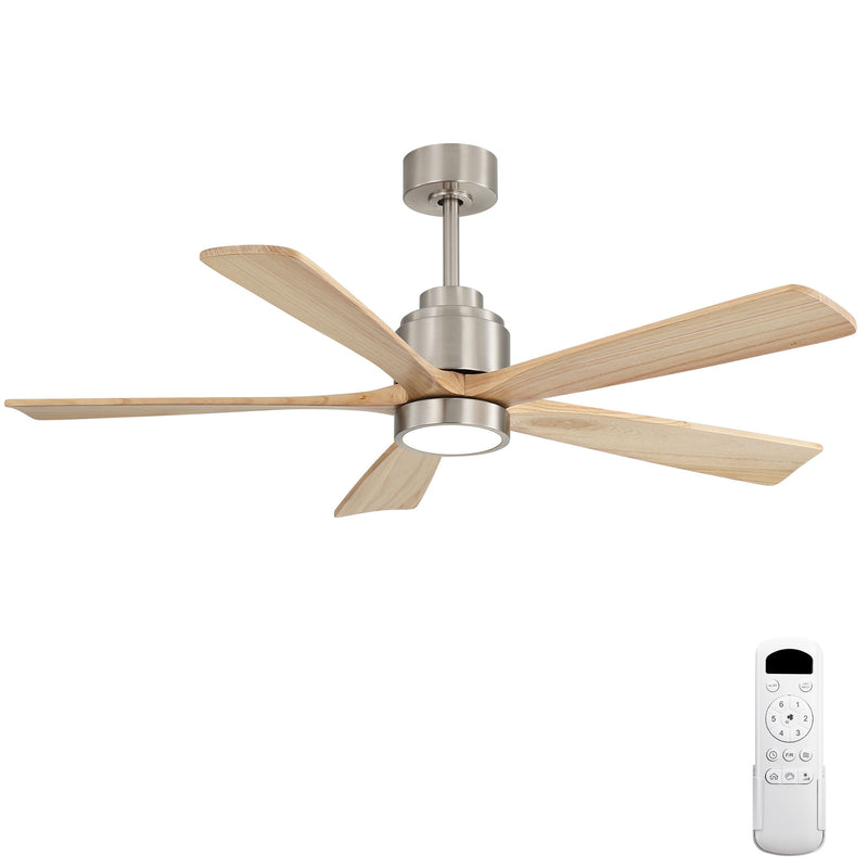 Silver ceiling fan with LED light and 5 wood blades, plus handheld remote shown