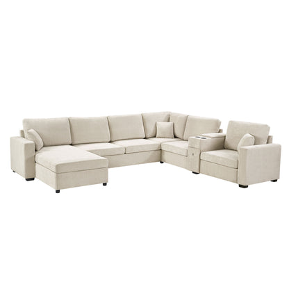 Beige U-shape modular sectional sofa with chaise lounge and padded ottoman seats