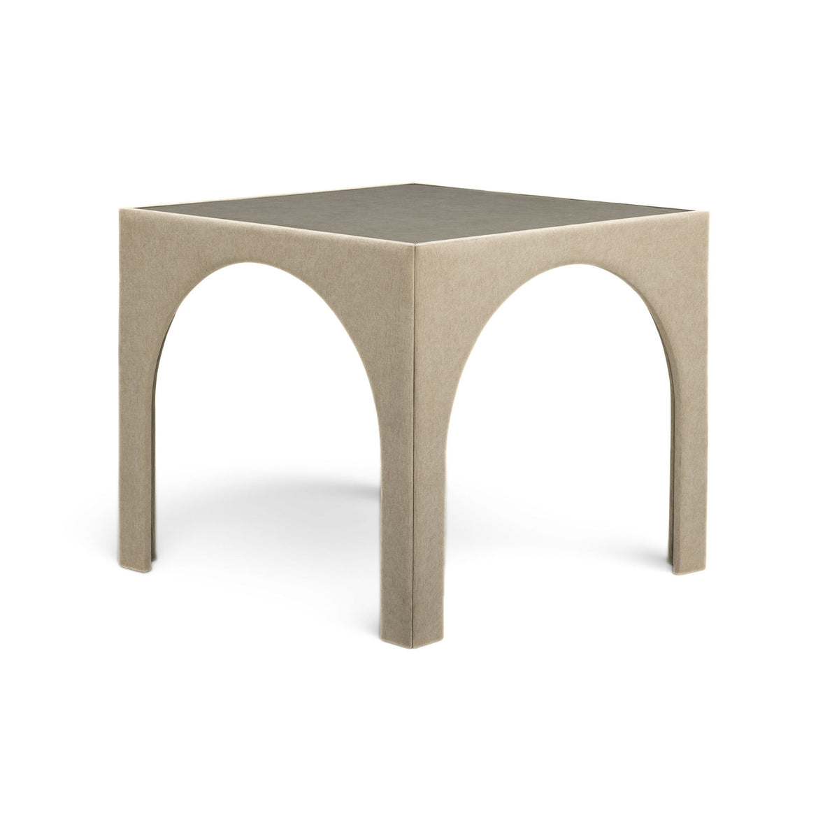Beige fabric game table with rounded arch cutouts and light tabletop